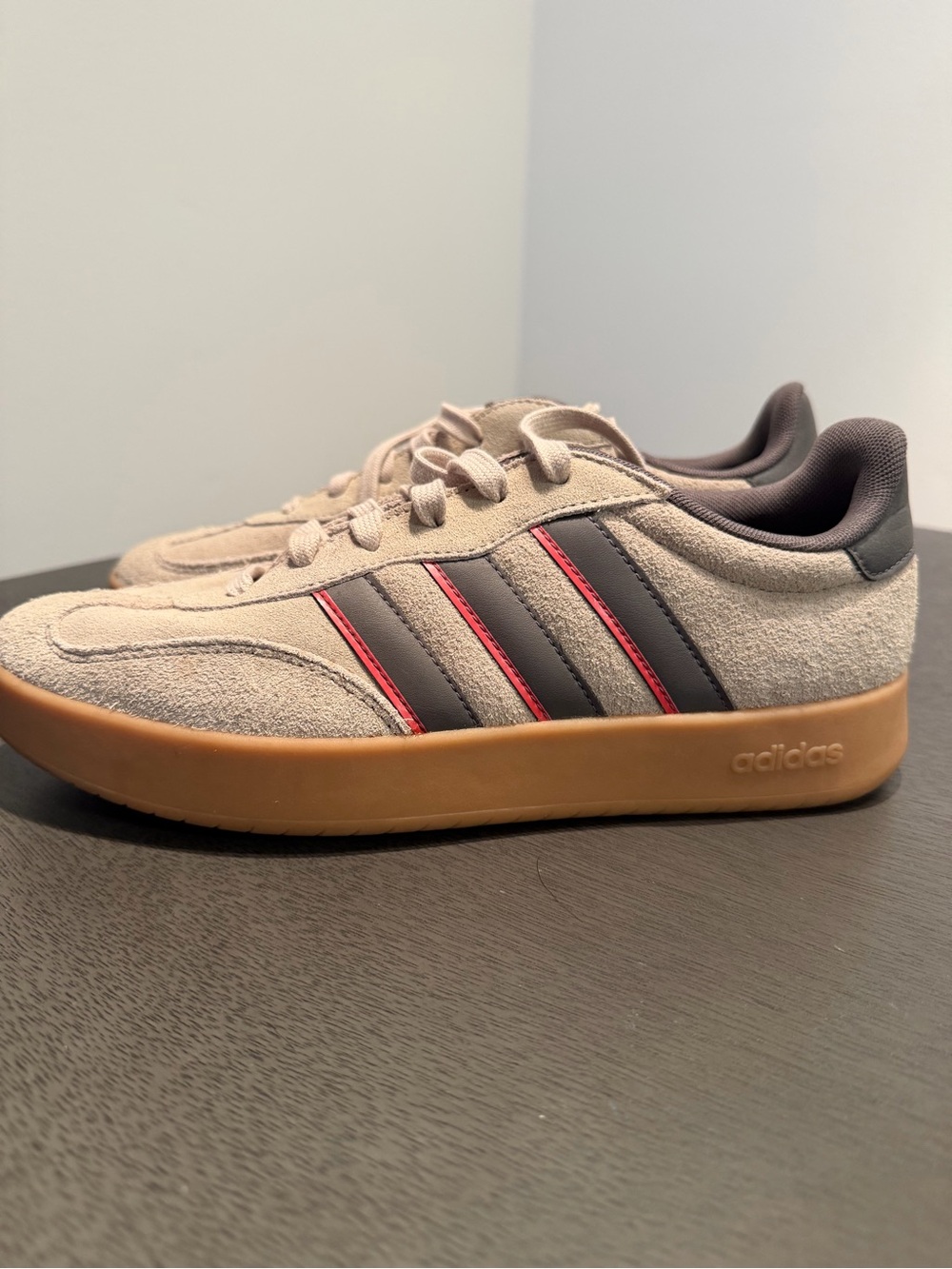 adidas Men’s Beige Suede Sneakers with Gray Stripes and Red Trim